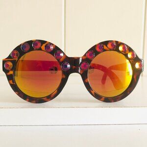 Oversized Round Tortoiseshell Fashion Sunglasses Swarovski Crystal Embellished